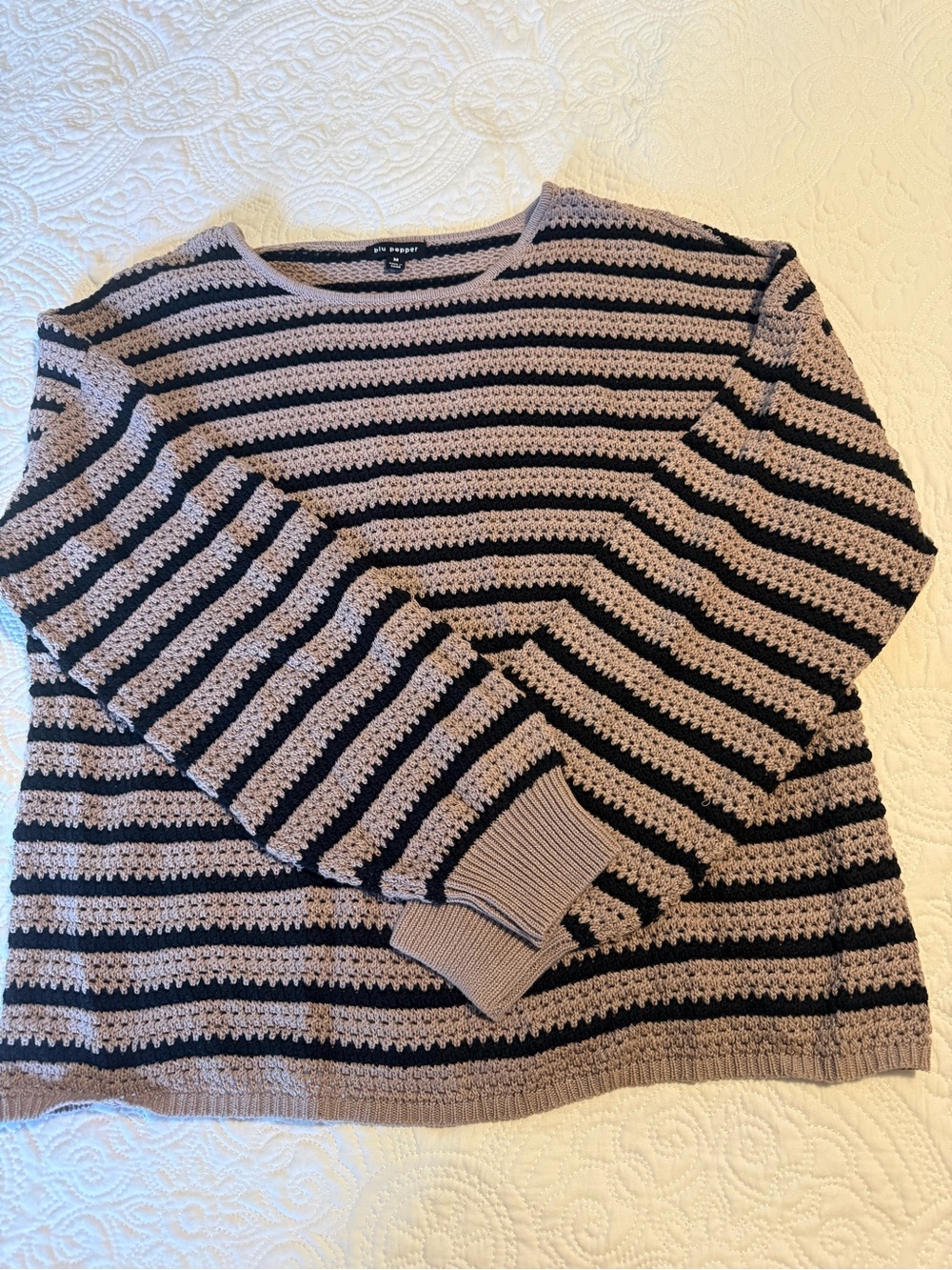 Blu Pepper Striped Crochet Crewneck Sweater in Taupe and Black